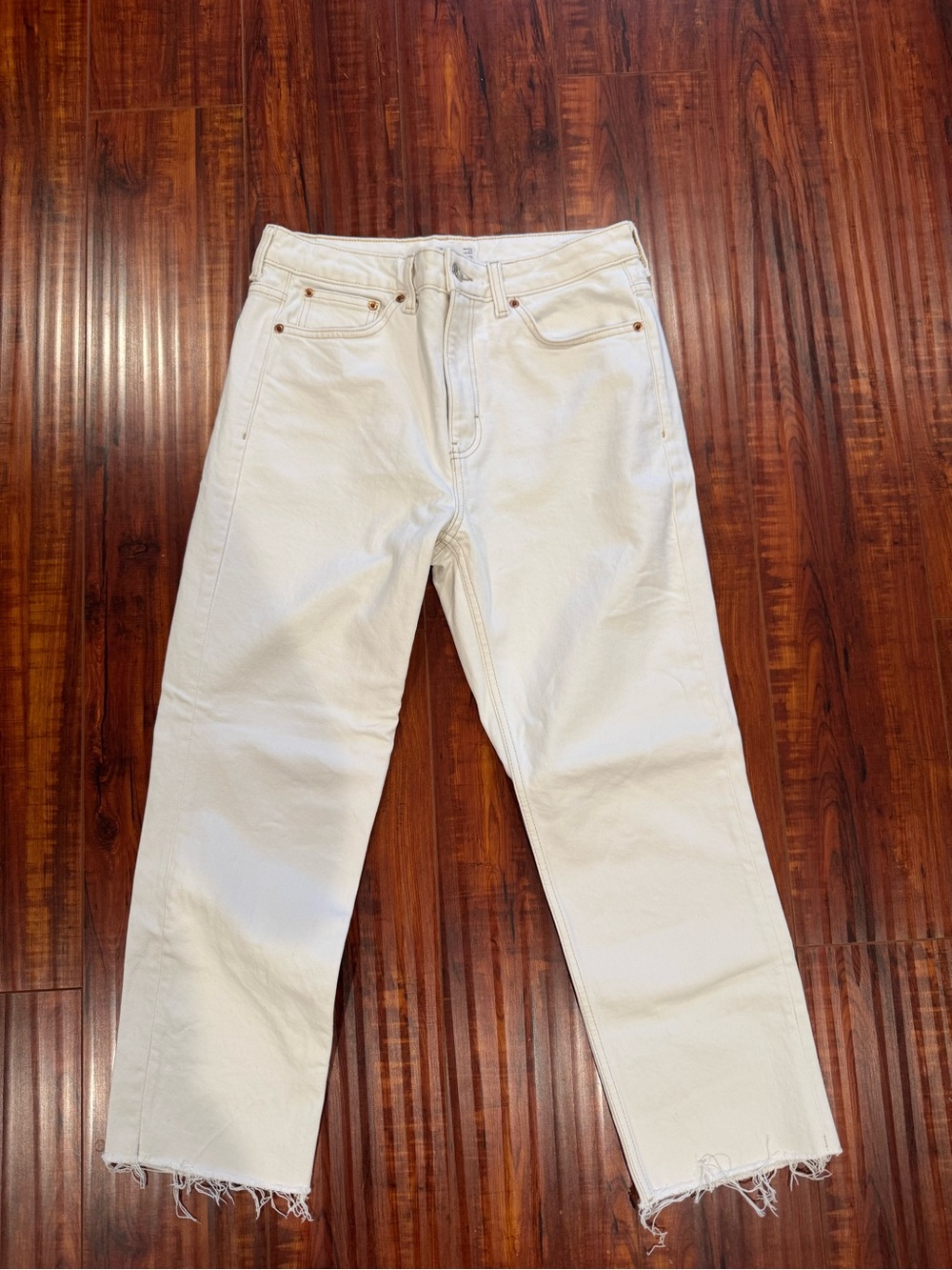 Topshop Straight Leg Raw Hem Jeans in Off-White